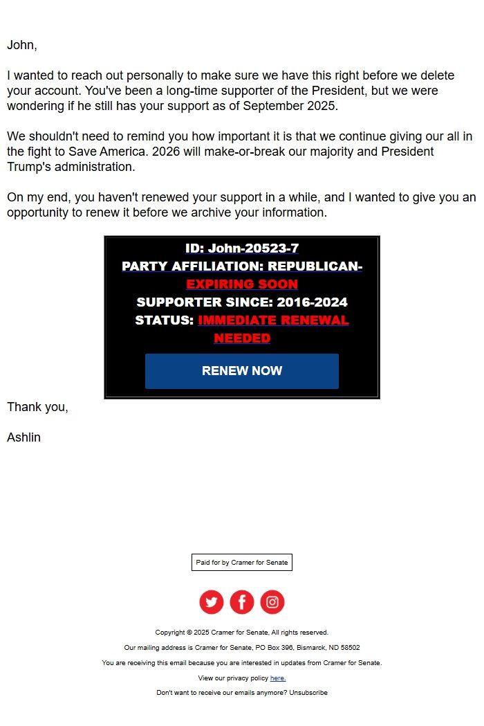 Screenshot of the email generated on import