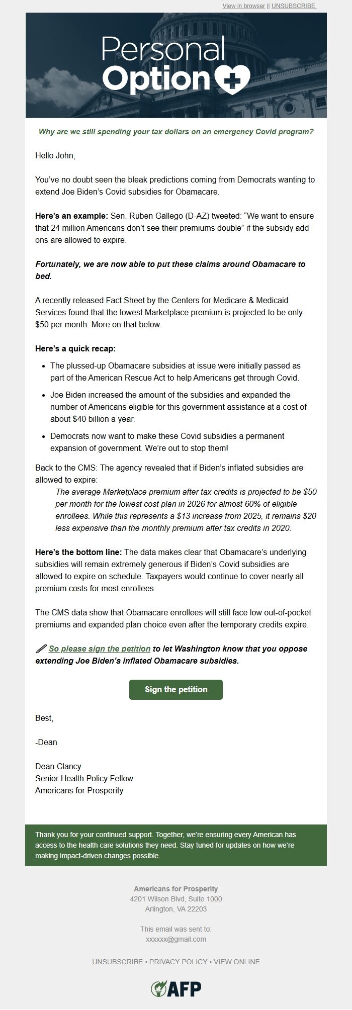 Screenshot of the email generated on import