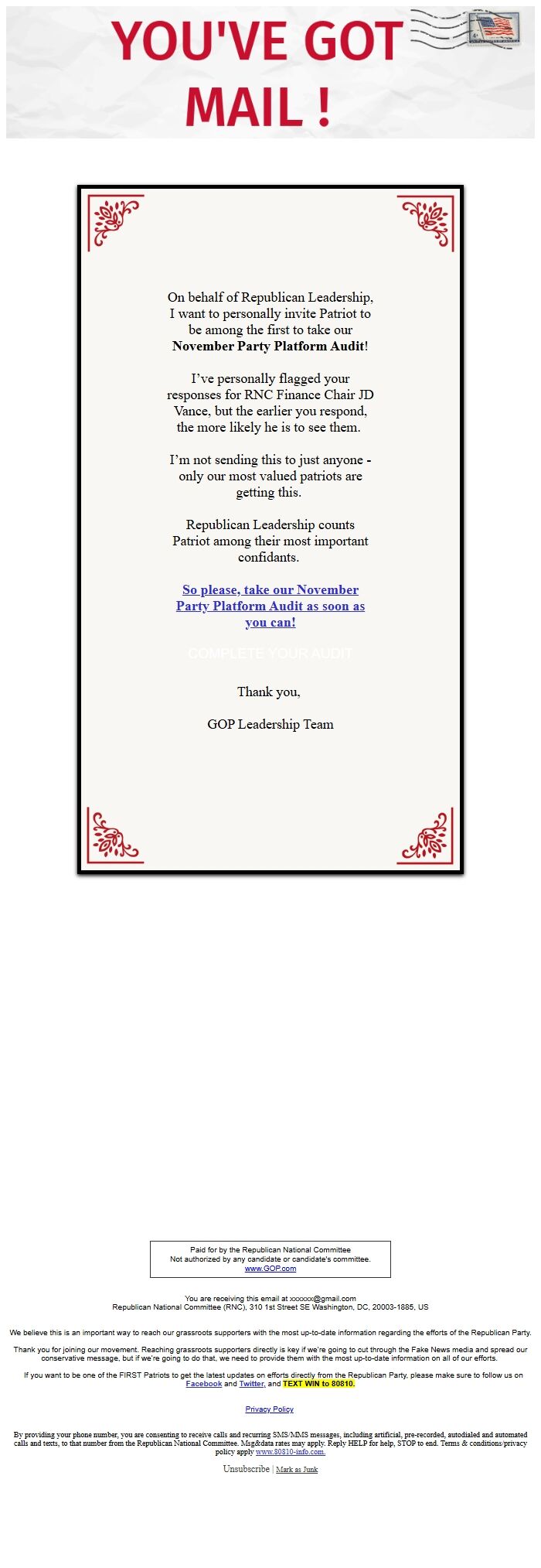 Screenshot of the email generated on import