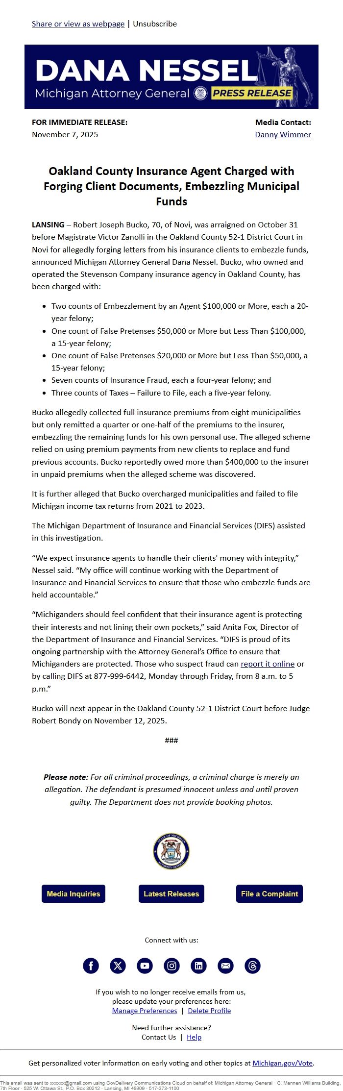 Screenshot of the email generated on import