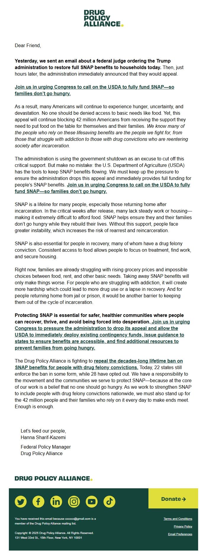 Screenshot of the email generated on import