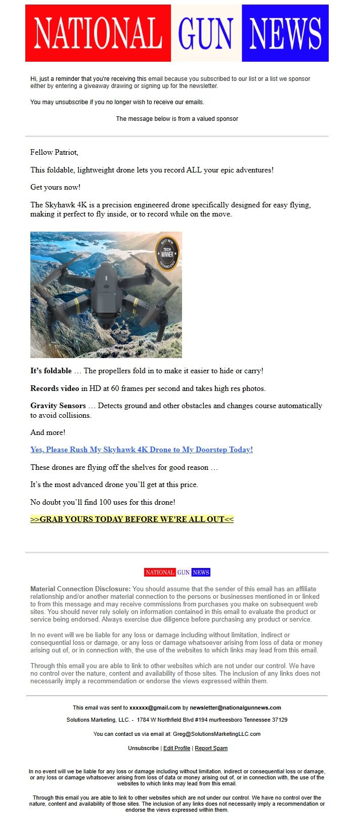 Screenshot of the email generated on import