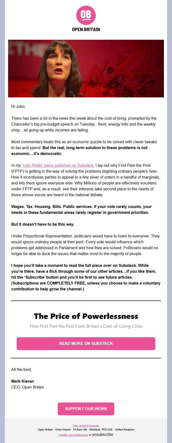 Screenshot of the email generated on import