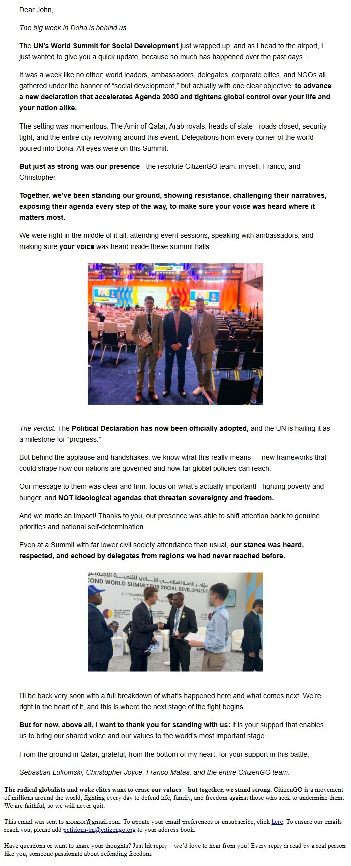 Screenshot of the email generated on import