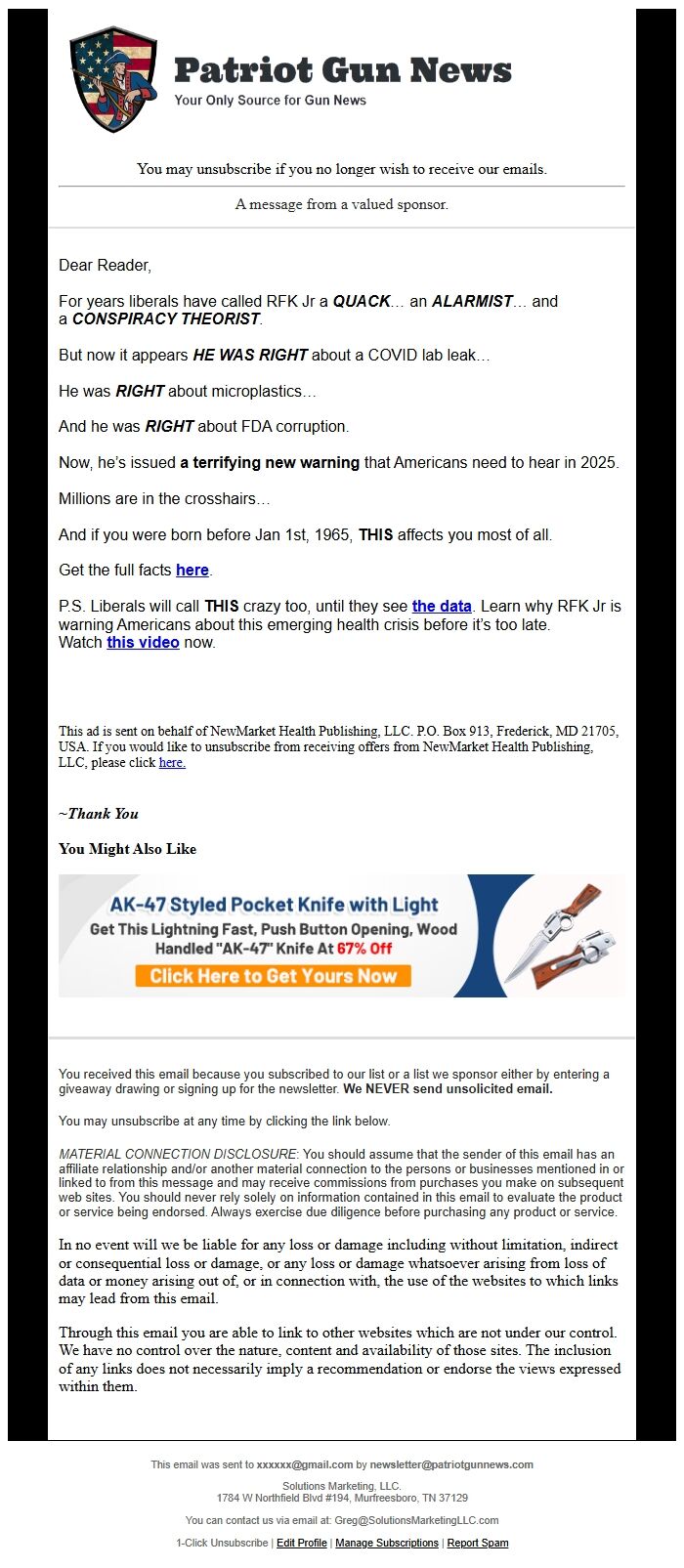 Screenshot of the email generated on import