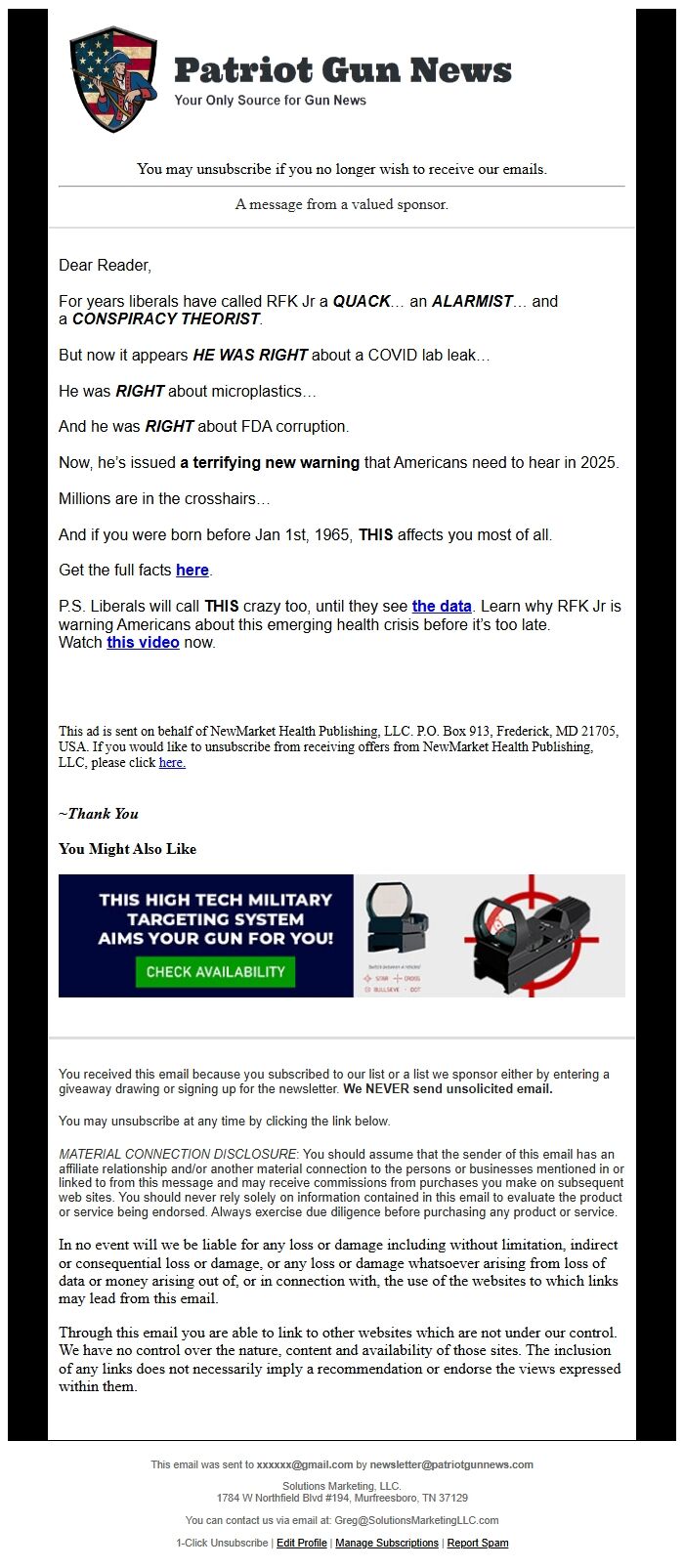 Screenshot of the email generated on import