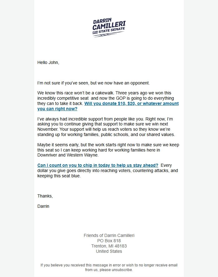 Screenshot of the email generated on import