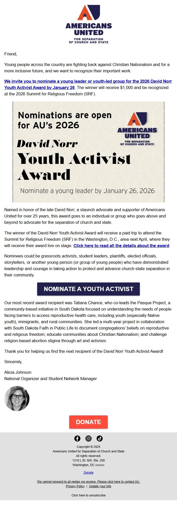 Screenshot of the email generated on import