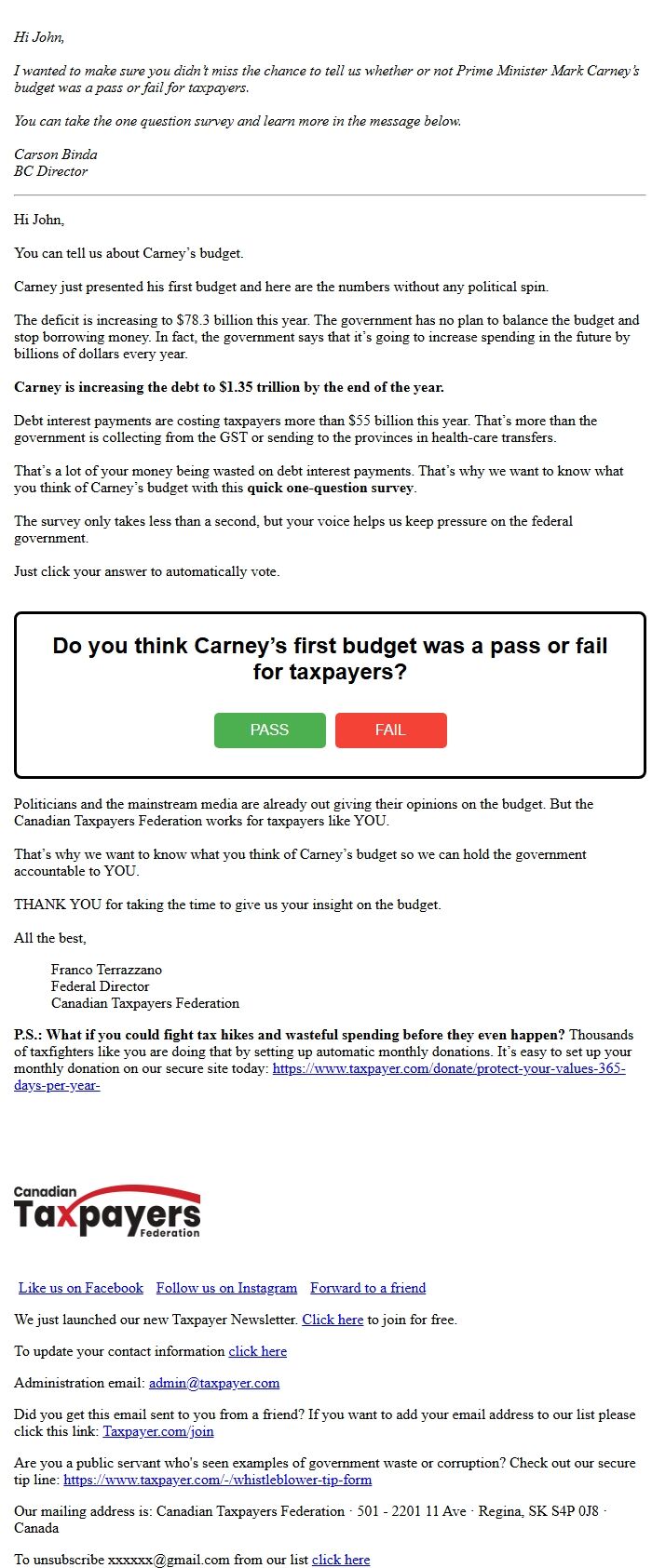 Screenshot of the email generated on import