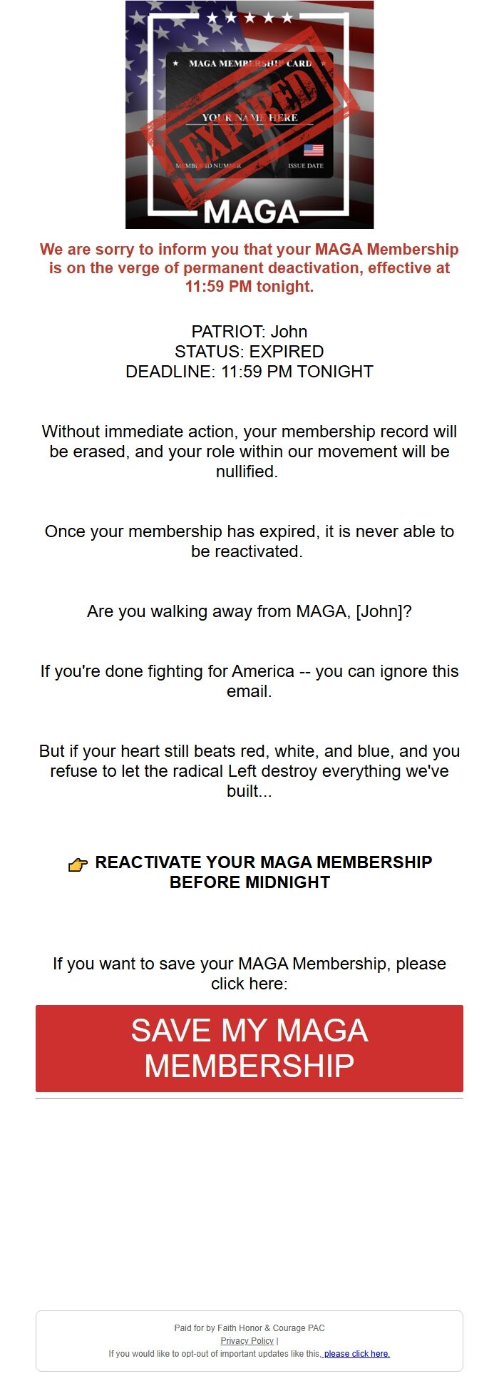 Screenshot of the email generated on import