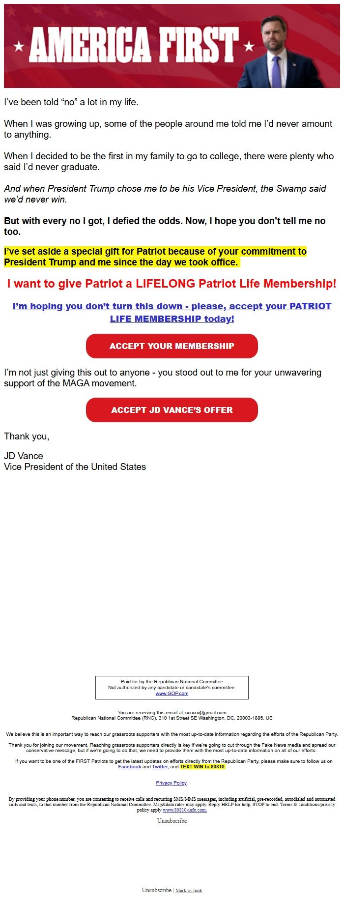 Screenshot of the email generated on import