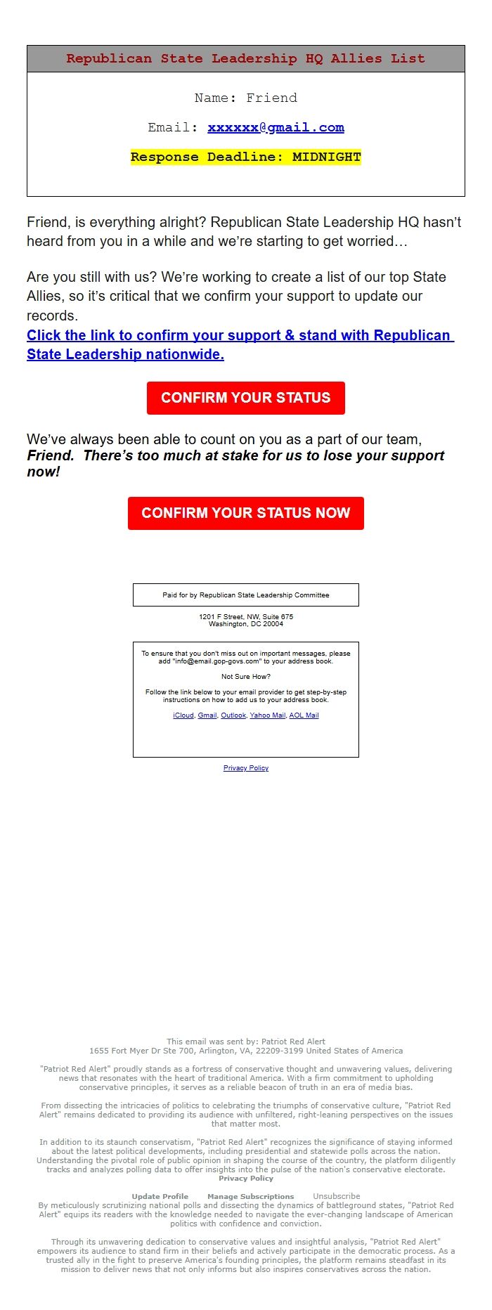 Screenshot of the email generated on import