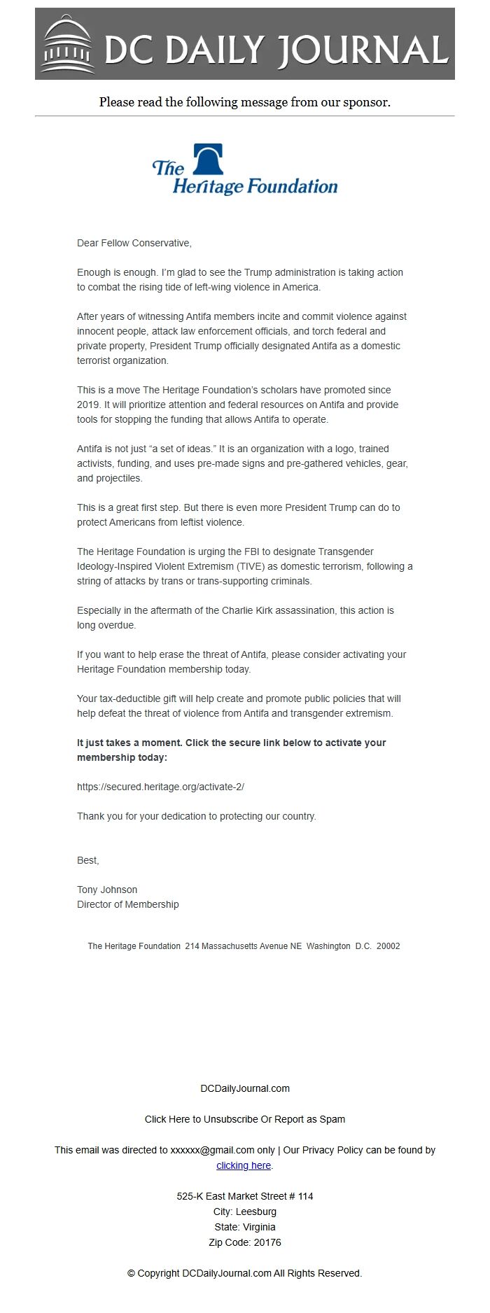 Screenshot of the email generated on import