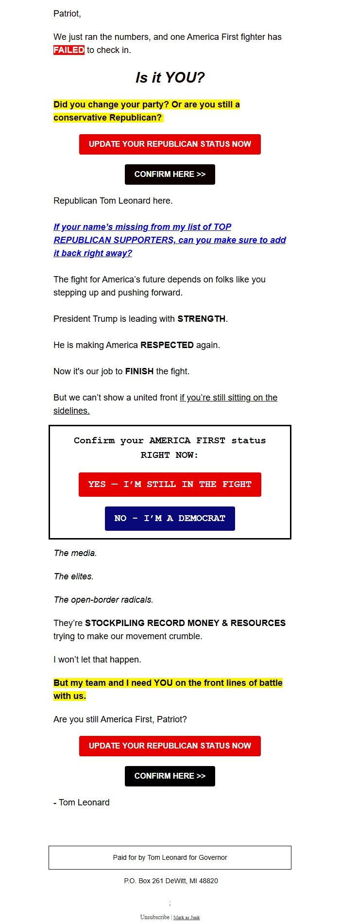 Screenshot of the email generated on import