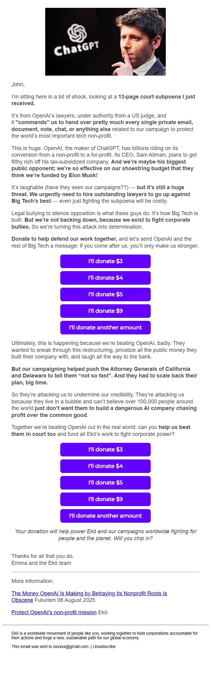 Screenshot of the email generated on import