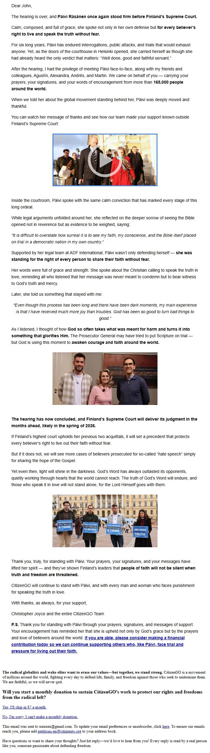 Screenshot of the email generated on import