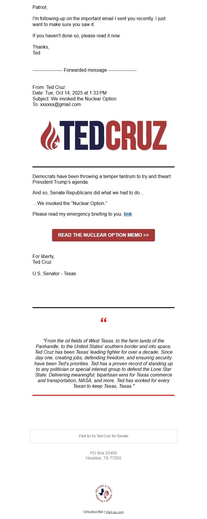 Screenshot of the email generated on import