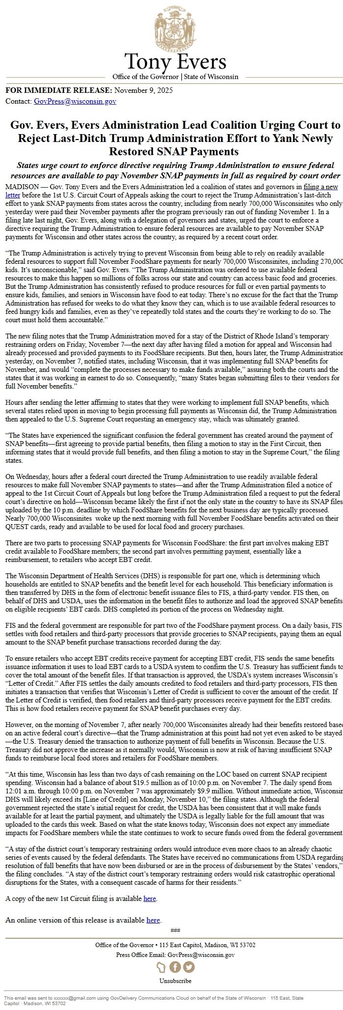 Screenshot of the email generated on import