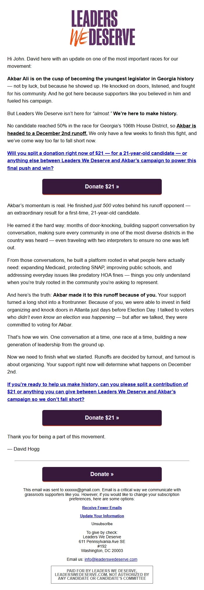 Screenshot of the email generated on import