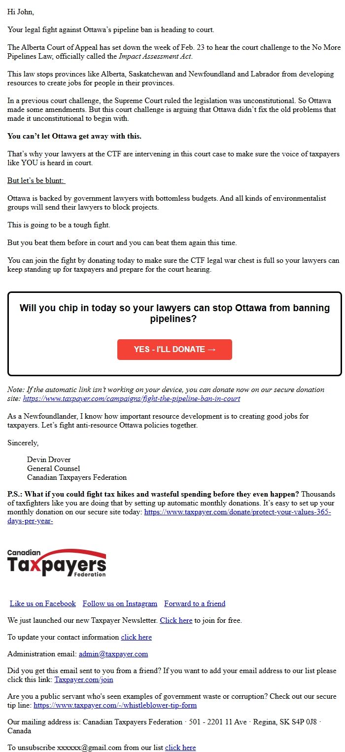 Screenshot of the email generated on import