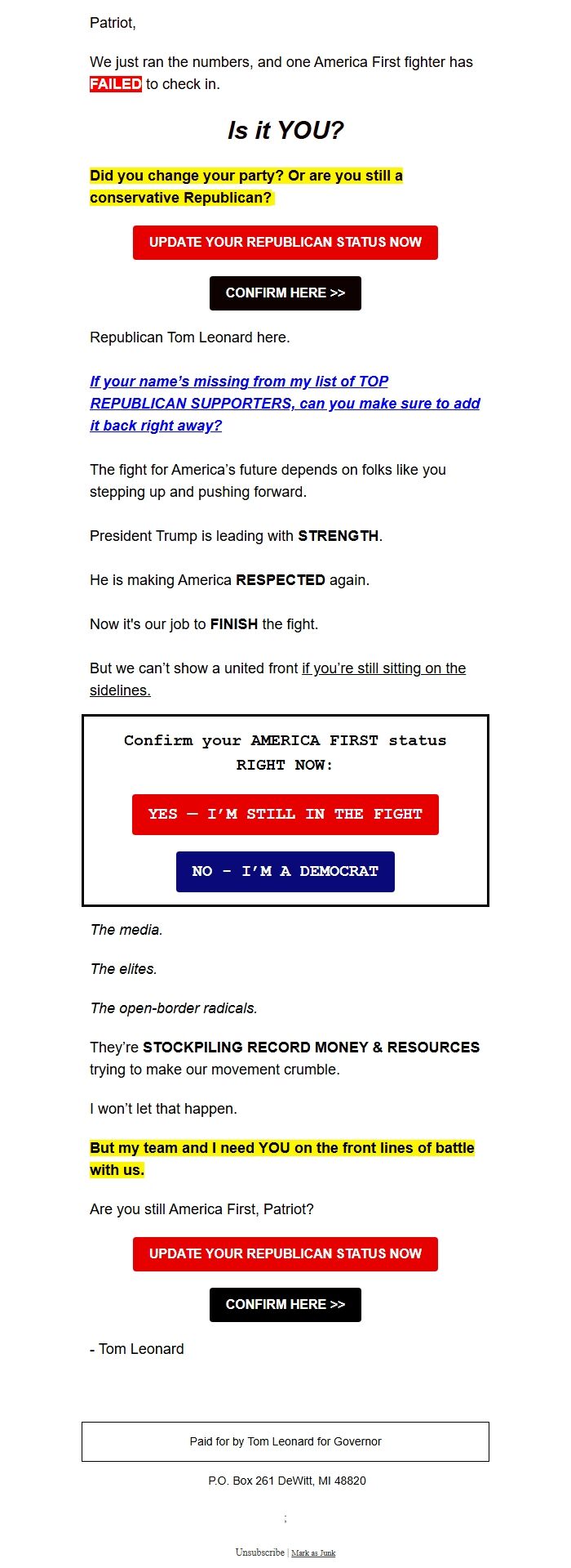 Screenshot of the email generated on import