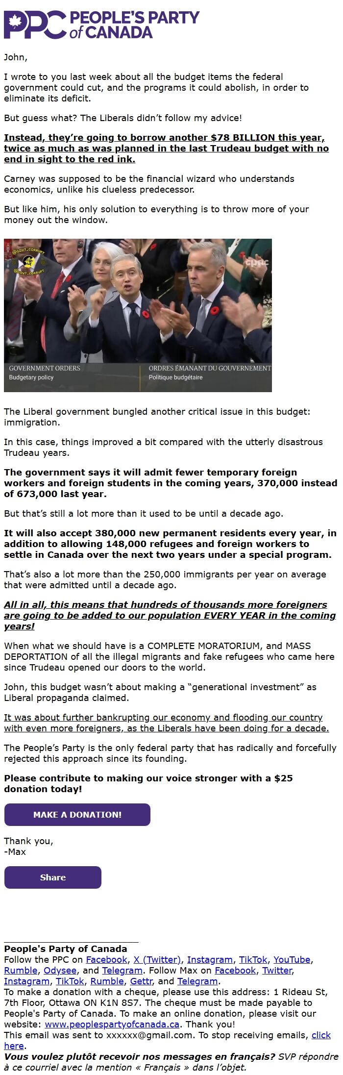 Screenshot of the email generated on import