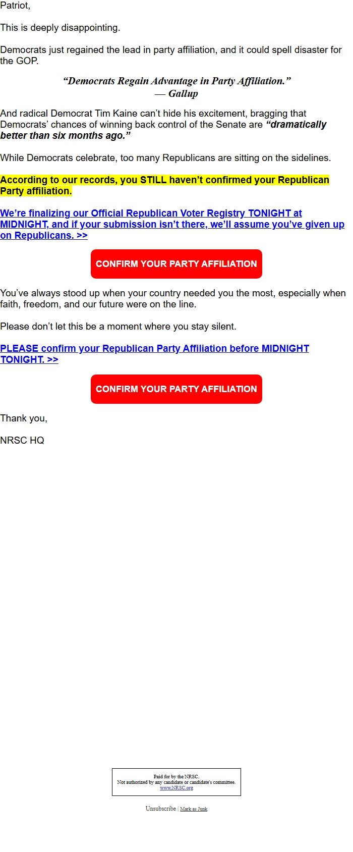 Screenshot of the email generated on import