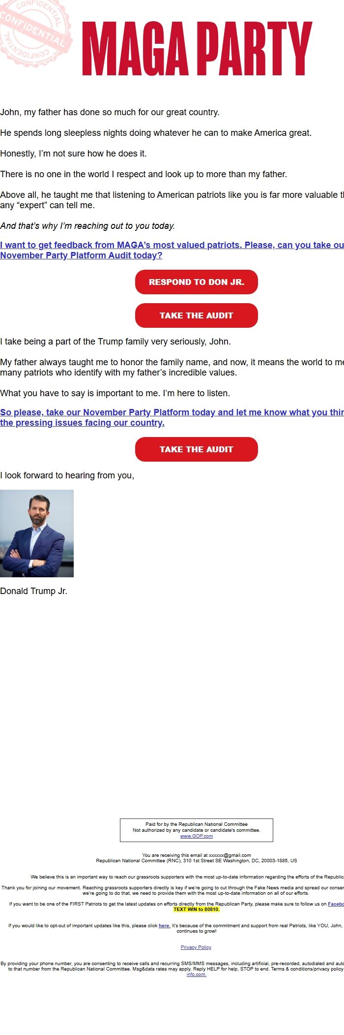 Screenshot of the email generated on import