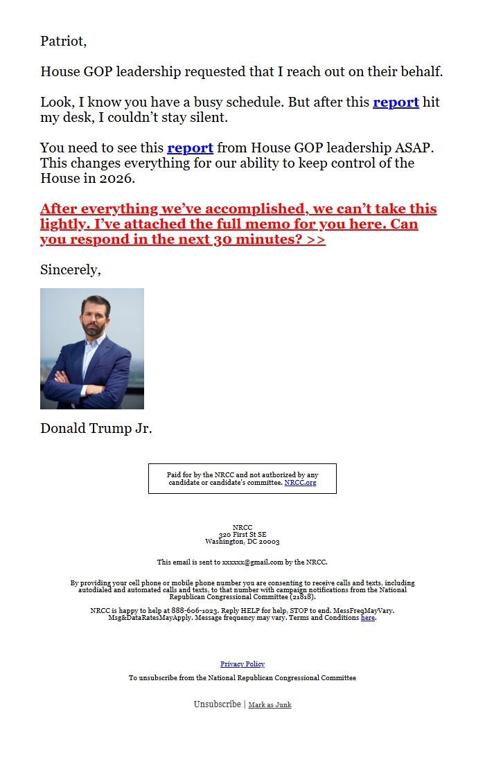 Screenshot of the email generated on import