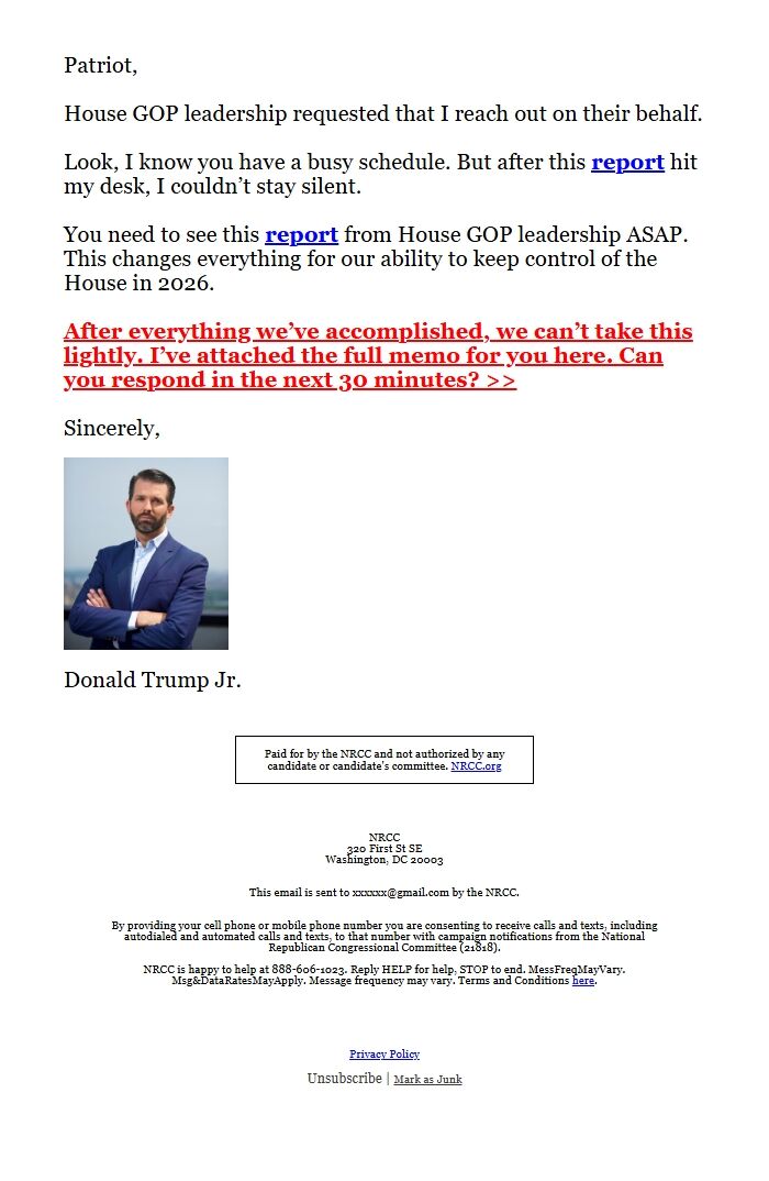 Screenshot of the email generated on import