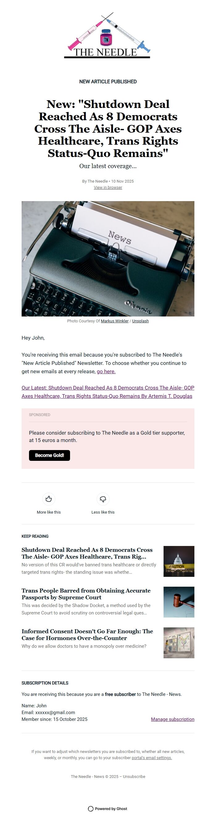 Screenshot of the email generated on import