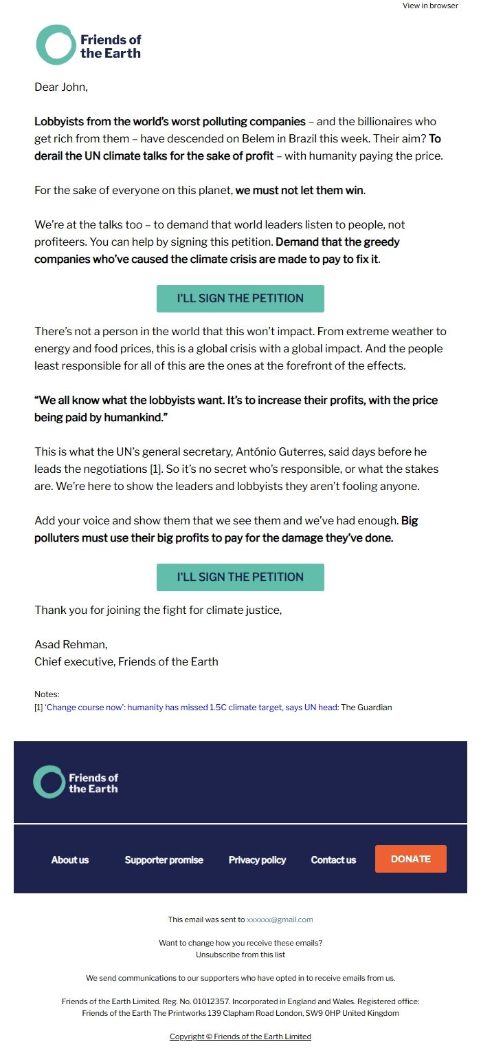 Screenshot of the email generated on import