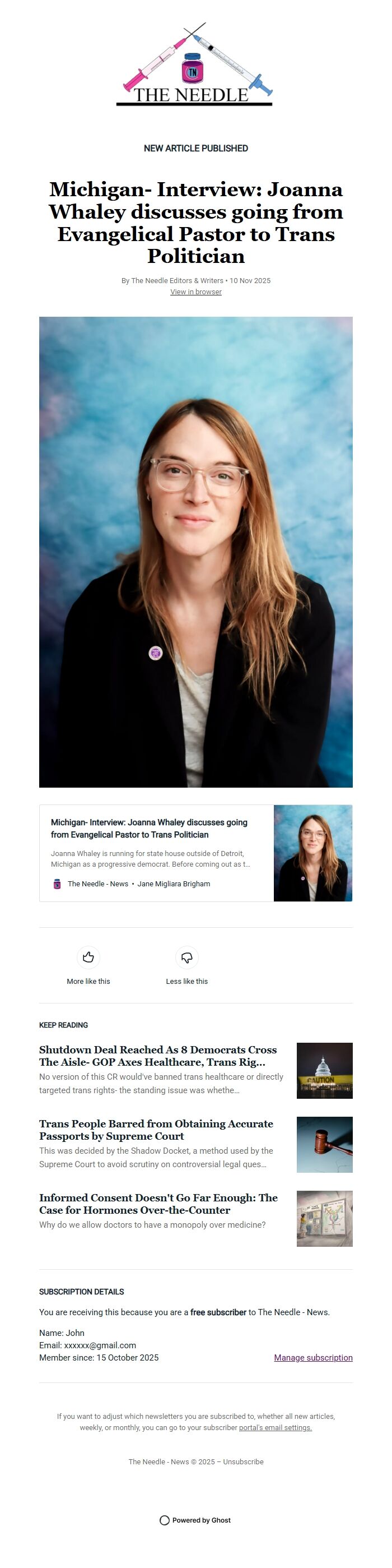 Screenshot of the email generated on import