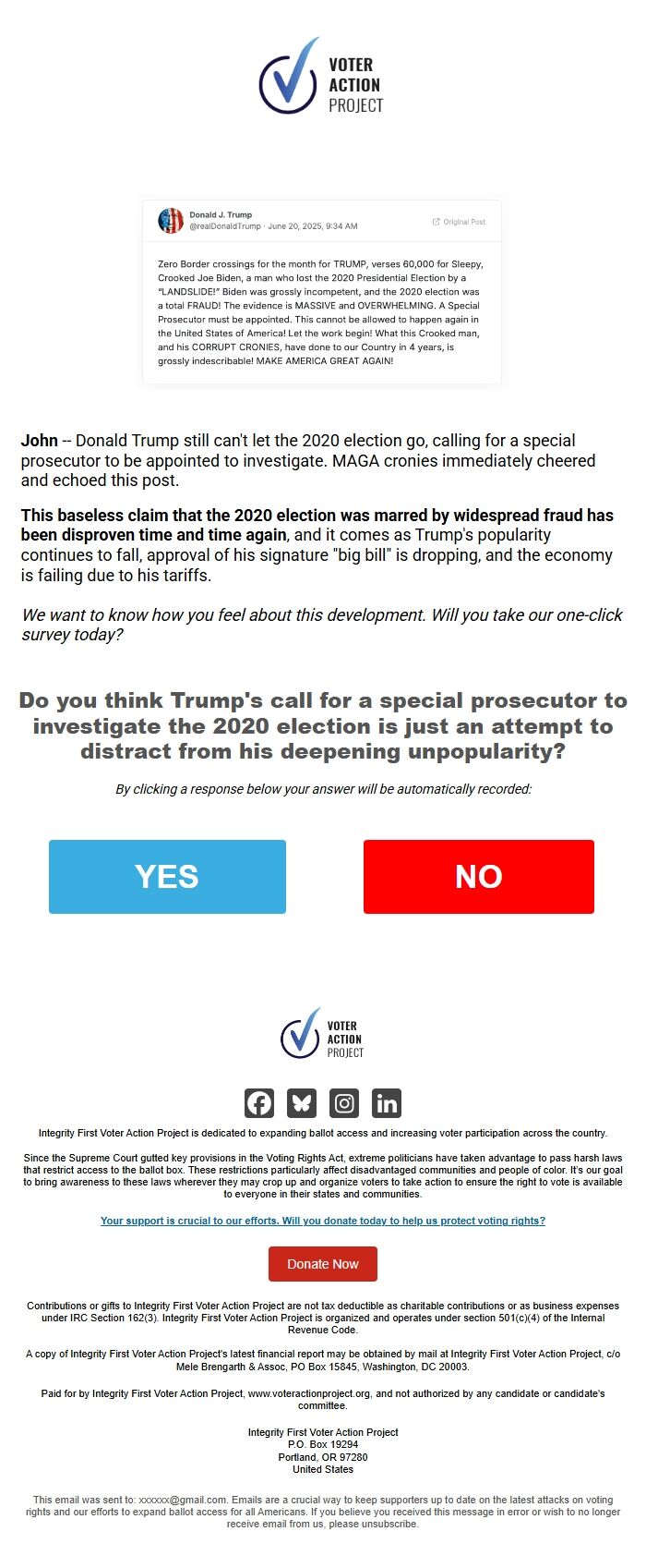 Screenshot of the email generated on import