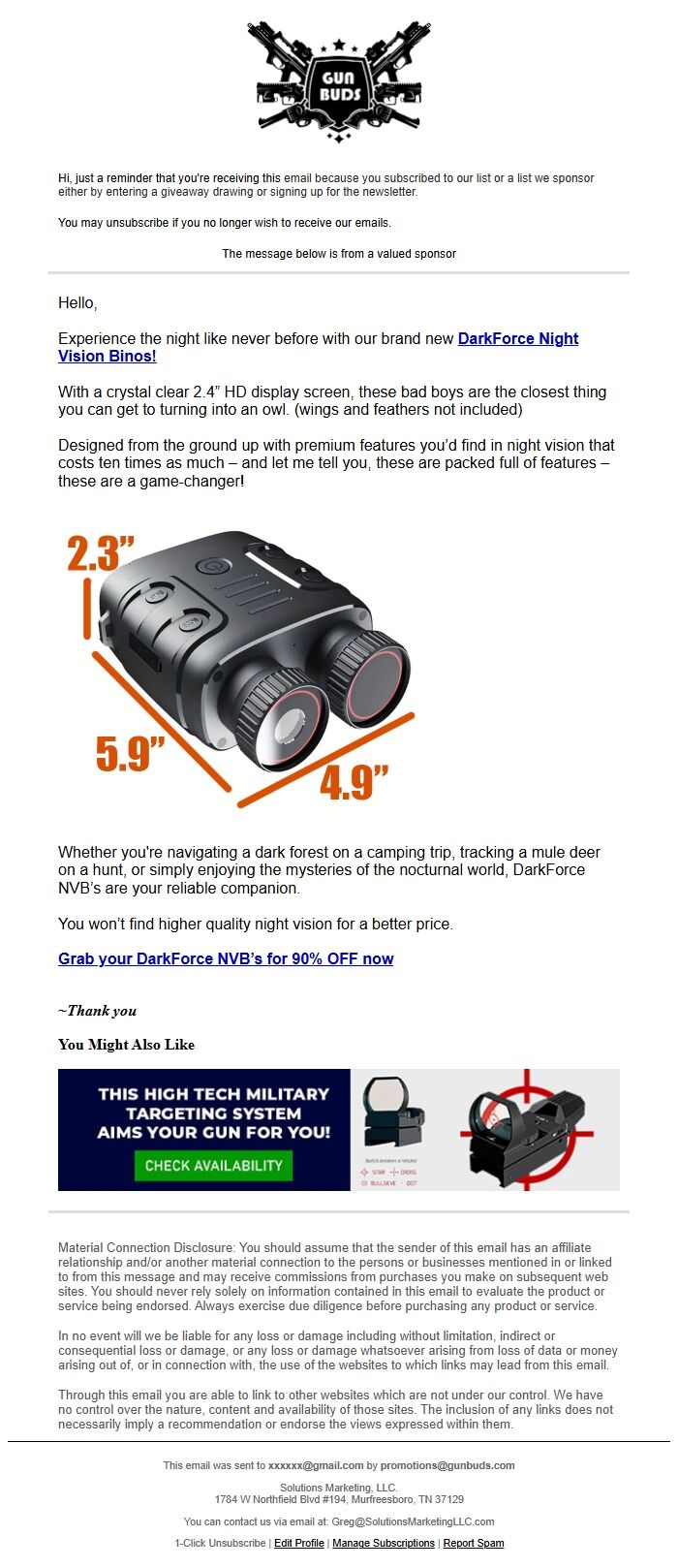 Screenshot of the email generated on import