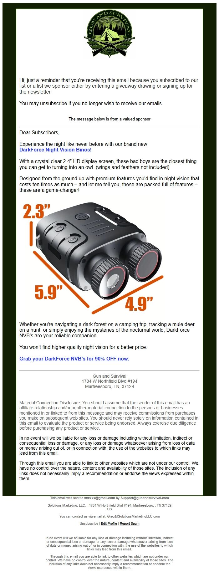 Screenshot of the email generated on import