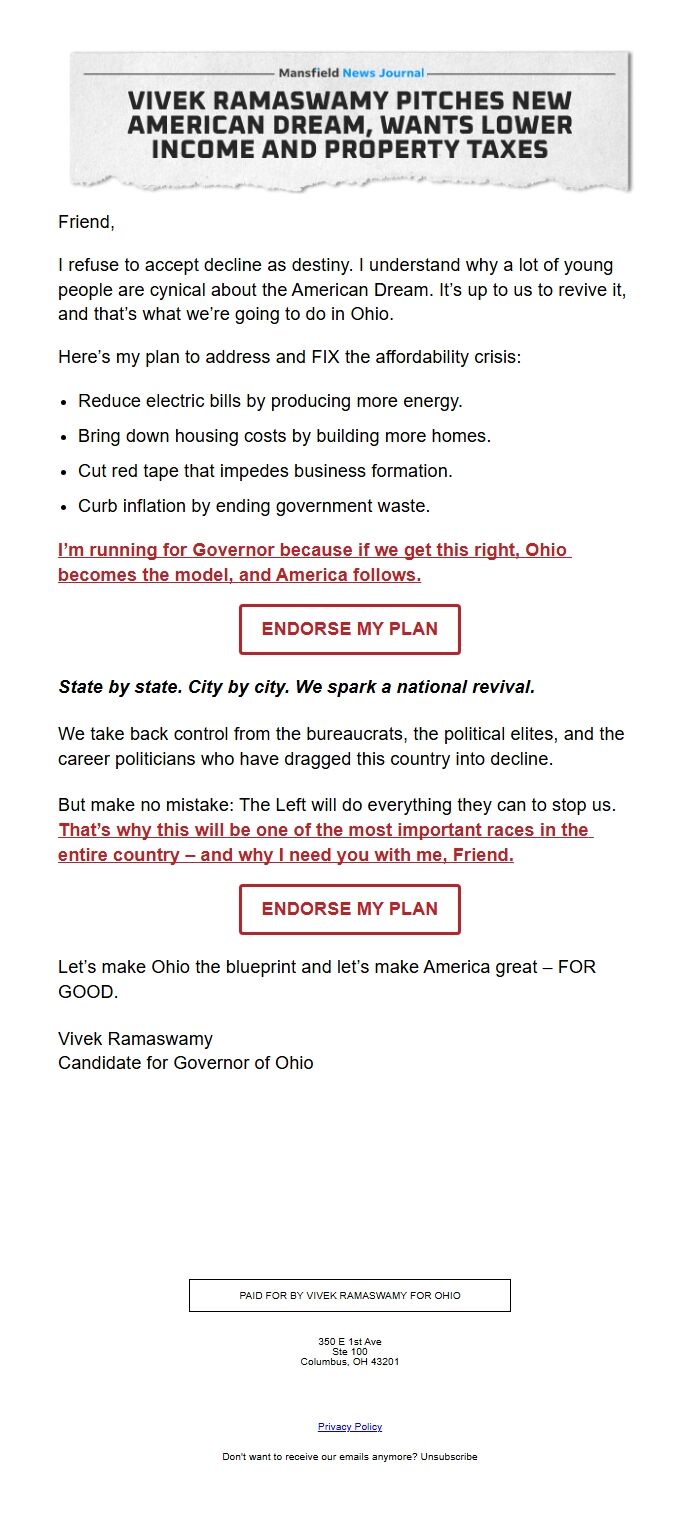 Screenshot of the email generated on import