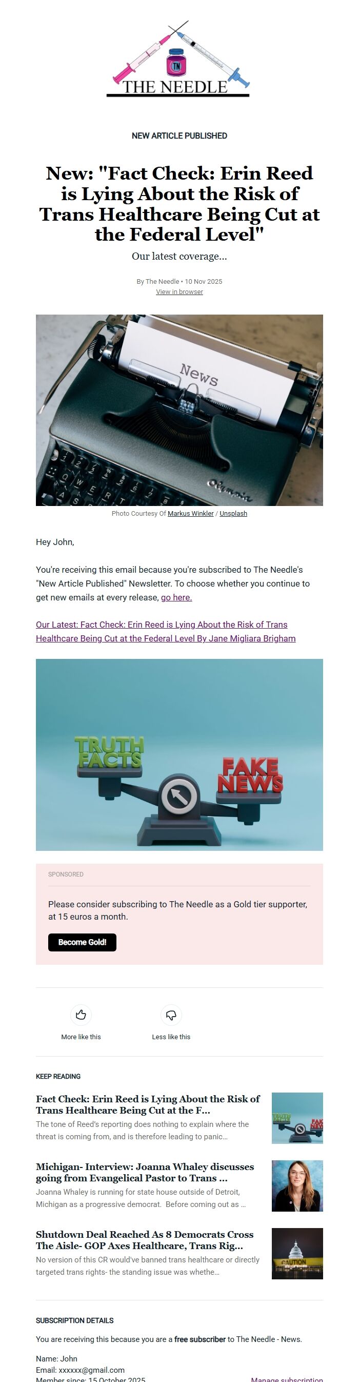 Screenshot of the email generated on import