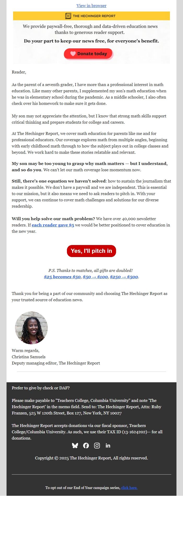 Screenshot of the email generated on import