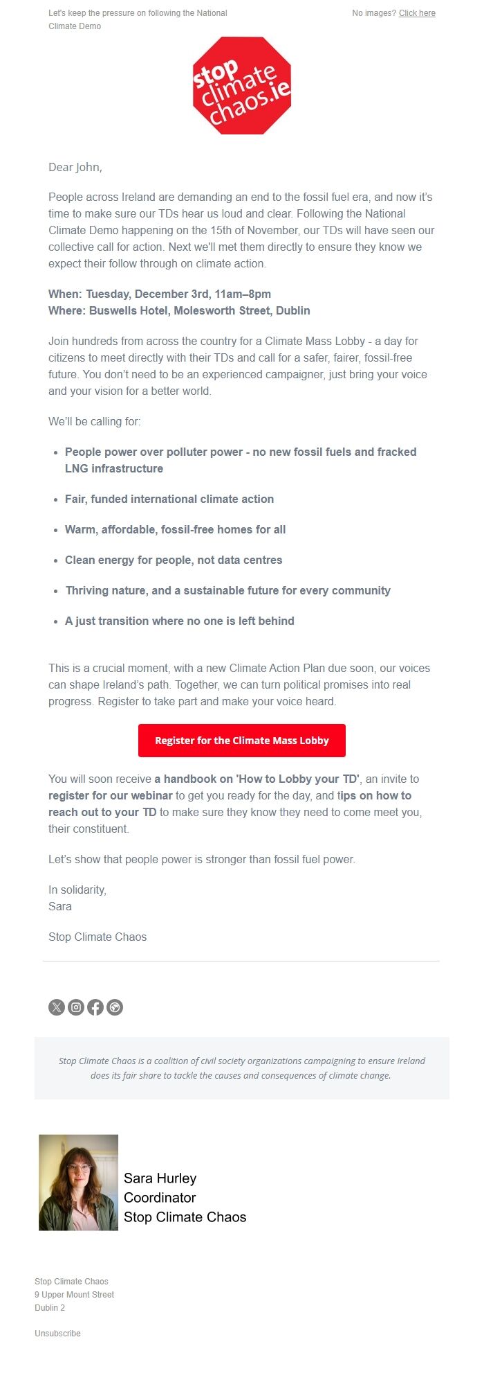 Screenshot of the email generated on import