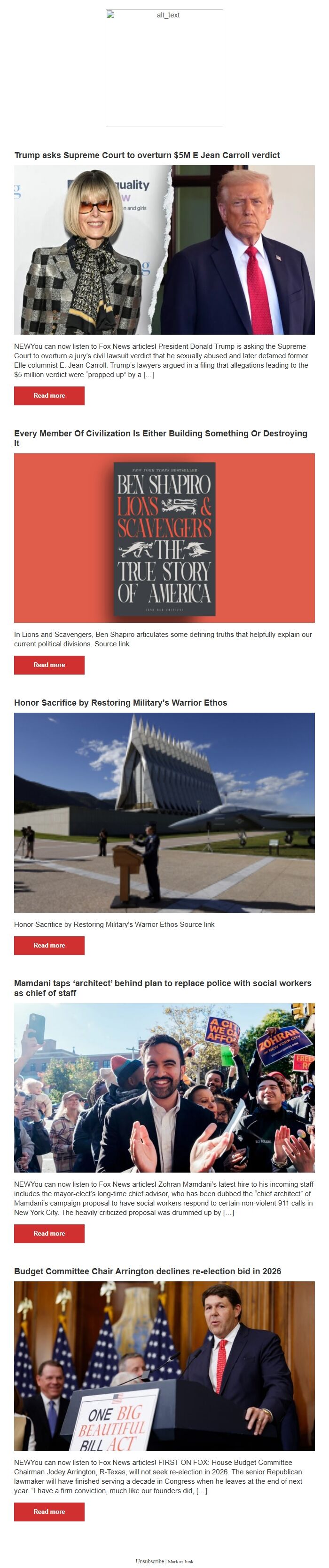 Screenshot of the email generated on import