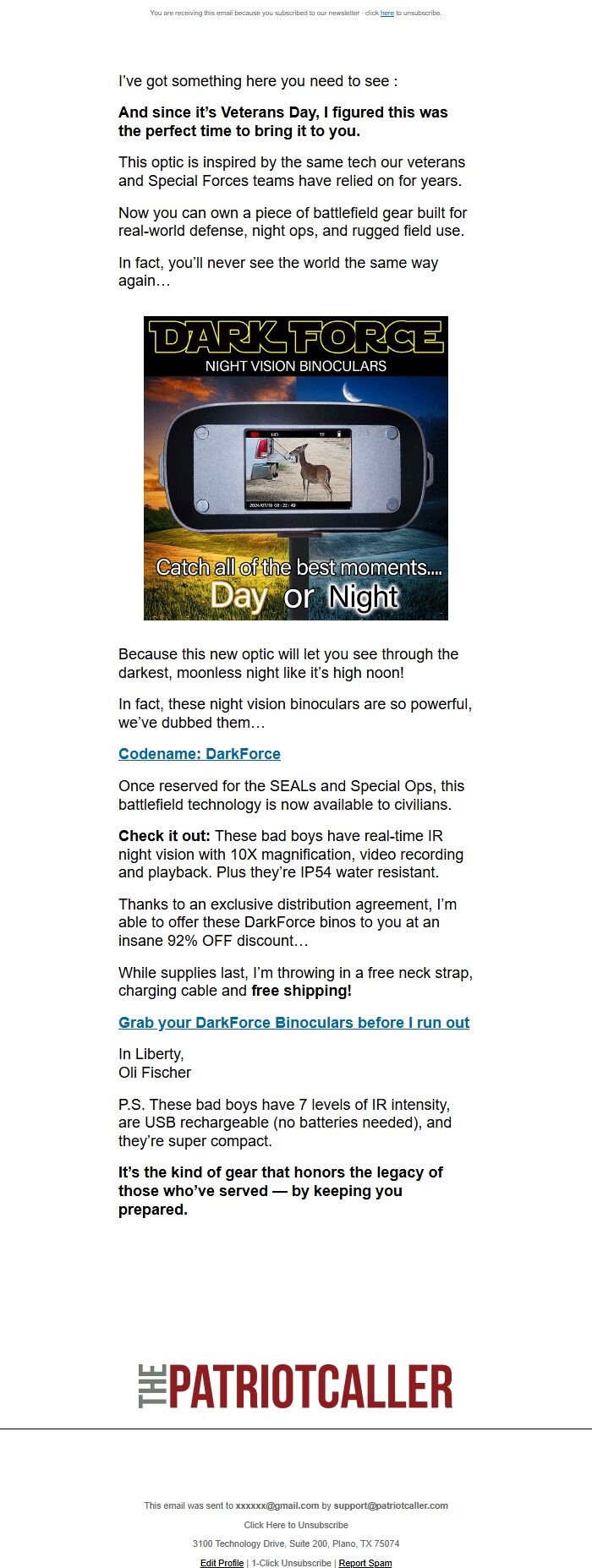 Screenshot of the email generated on import