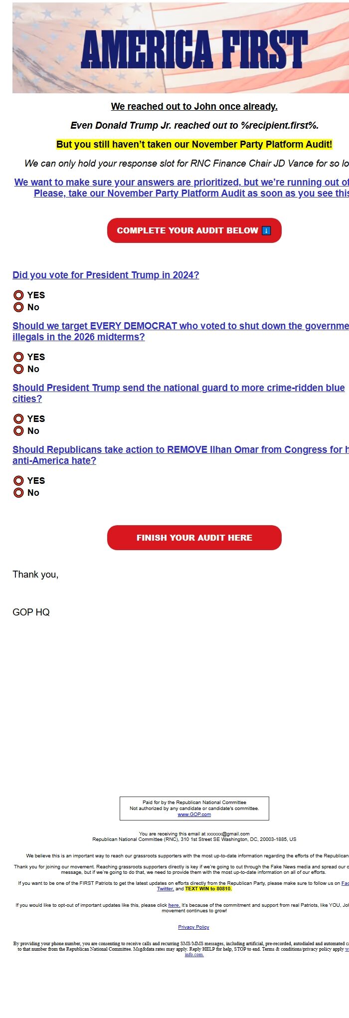 Screenshot of the email generated on import