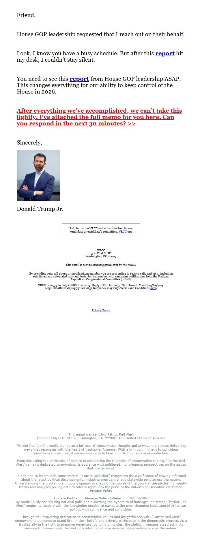 Screenshot of the email generated on import