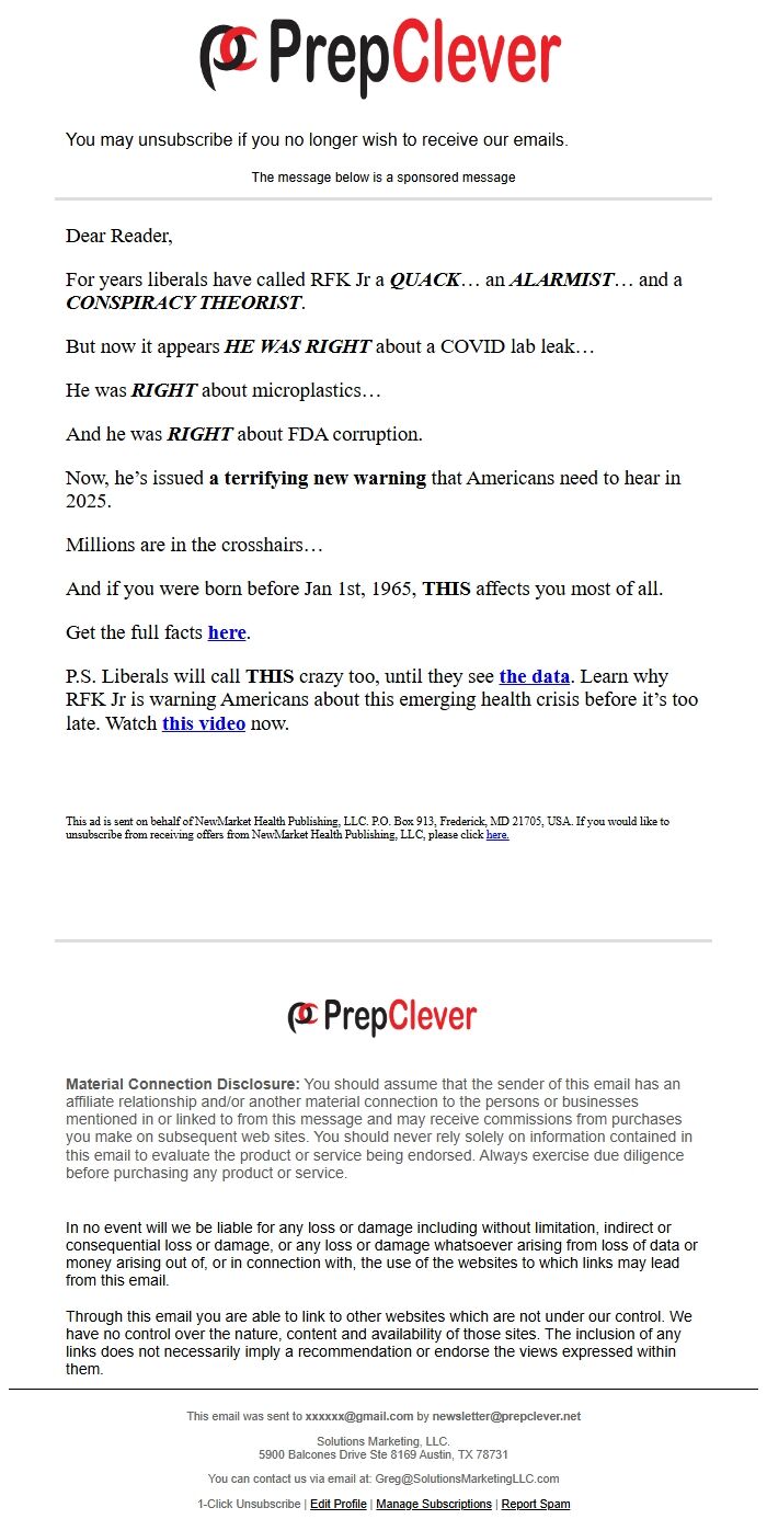 Screenshot of the email generated on import