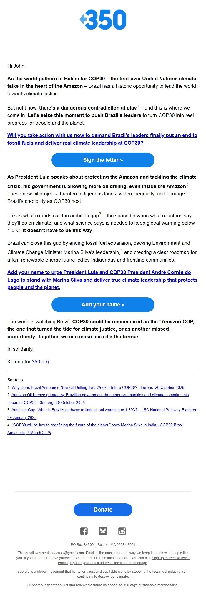 Screenshot of the email generated on import