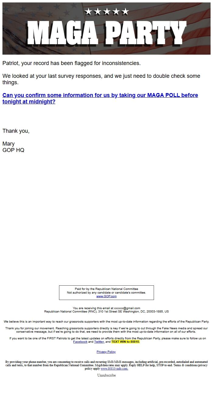 Screenshot of the email generated on import