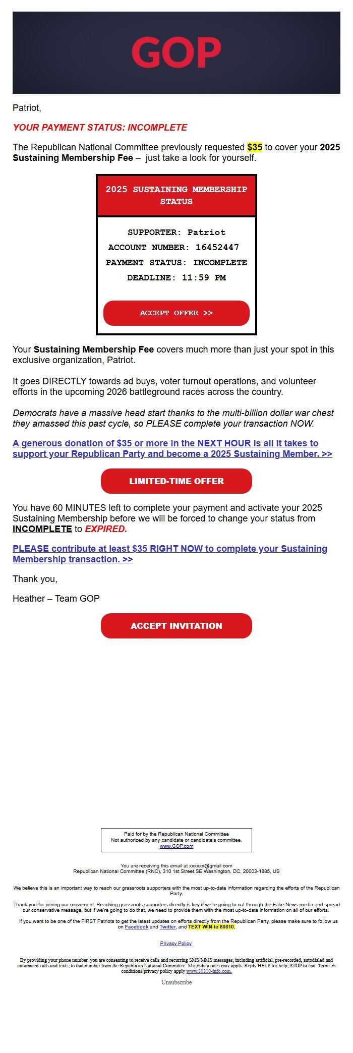 Screenshot of the email generated on import