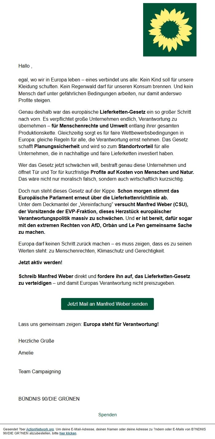 Screenshot of the email generated on import