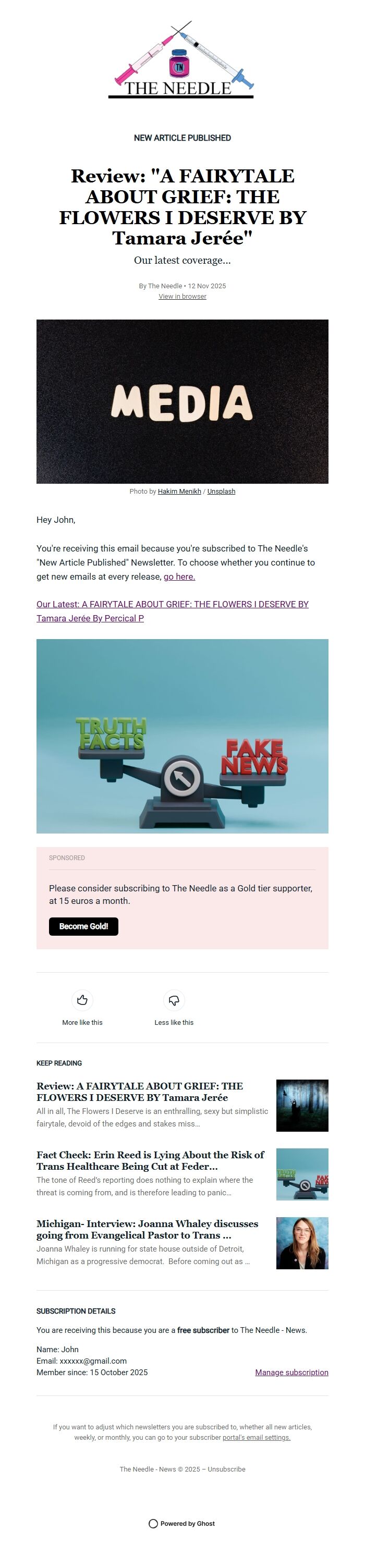 Screenshot of the email generated on import